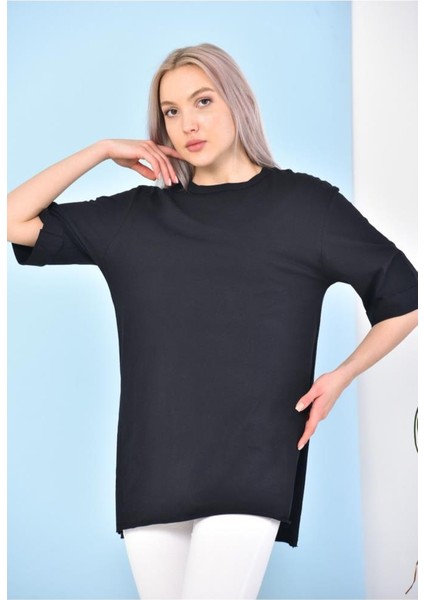 ST000628 %100 Pamuk Bisiklet Yaka Boyfriend Örme T-Shirt