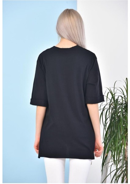 ST000628 %100 Pamuk Bisiklet Yaka Boyfriend Örme T-Shirt