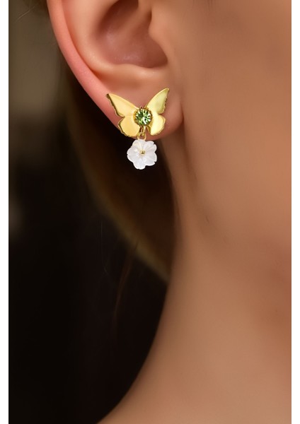 925 Ayar Gümüş Gold Kaplama Taşlı Kelebek , Sedef Manolya Çiçeği Küpe fiyatları