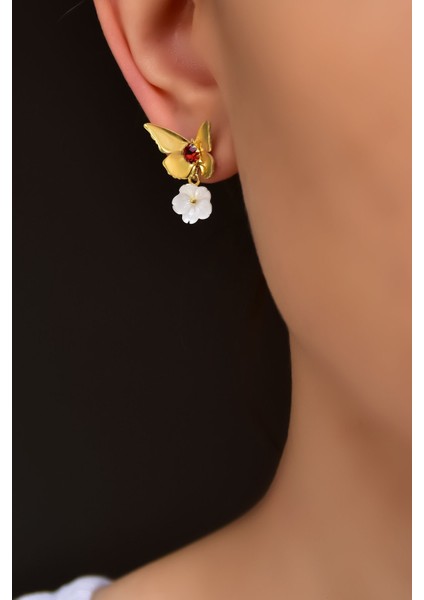 925 Ayar Gümüş Gold Kaplama Taşlı Kelebek , Sedef Manolya Çiçeği Küpe