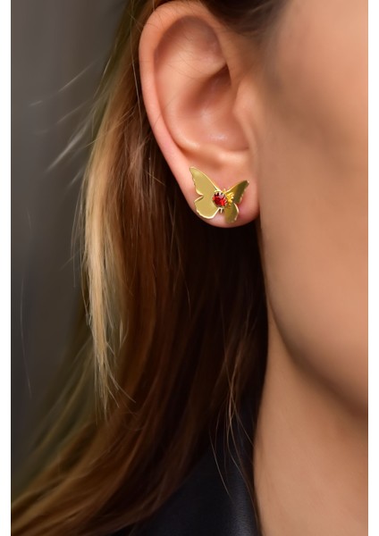 925 Ayar Gümüş Gold Kaplama Taşlı Kelebek Küpe