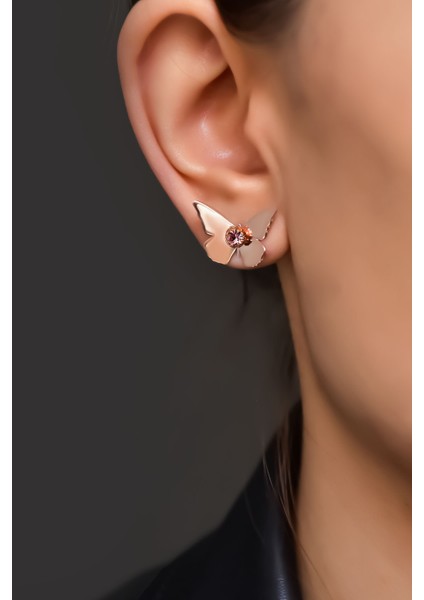 925 Ayar Gümüş Rose Kaplama Taşlı Kelebek Küpe