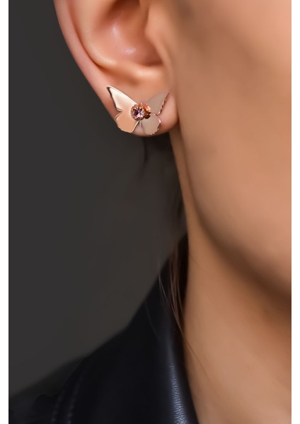 925 Ayar Gümüş Rose Kaplama Taşlı Kelebek Küpe fiyatları