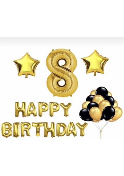 Gold 8 Yaş Happy Bırthday Folyo Balonlu Yıldızlı Set