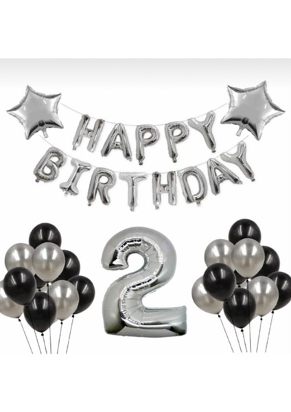 Gümüş 2 Yaş Happy Bırthday Folyo Balonlu Yıldızlı Set