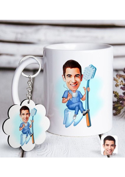 Kişiye Özel Erkek Diş Hekimi Karikatürlü Beyaz Kupa ve Anahtarlık Hediye Seti-2