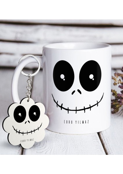 Kişiye Özel Sevimli Korkunç Yüz Beyaz Kupa ve Anahtarlık Hediye Seti