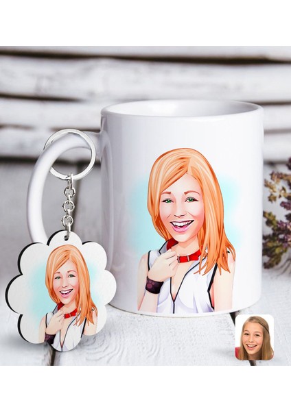 Kişiye Özel Bayan Karikatürlü Beyaz Kupa ve Anahtarlık Hediye Seti-35