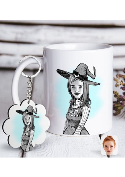 Kişiye Özel Bayan Cadı Karikatürlü Beyaz Kupa ve Anahtarlık Hediye Seti-1