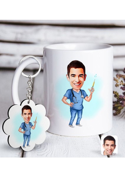 Kişiye Özel Erkek Doktor Karikatürlü Beyaz Kupa ve Anahtarlık Hediye Seti-3