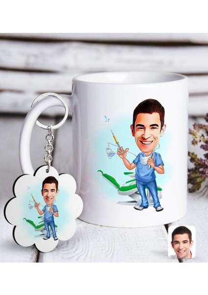Kişiye Özel Erkek Diş Hekimi Karikatürlü Beyaz Kupa ve Anahtarlık Hediye Seti-4