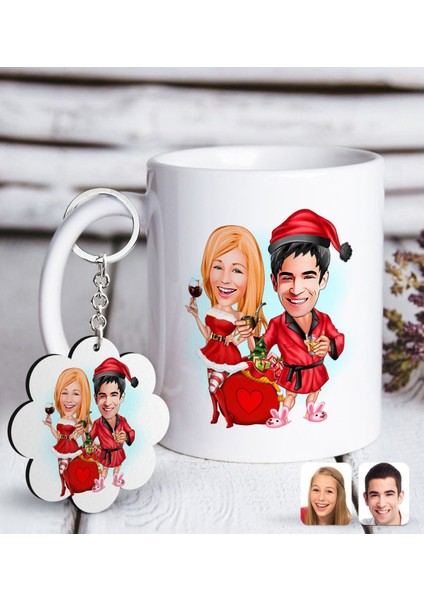 Kişiye Özel Yeni Yıl Sevgililer Karikatürlü Beyaz Kupa ve Anahtarlık Hediye Seti-5