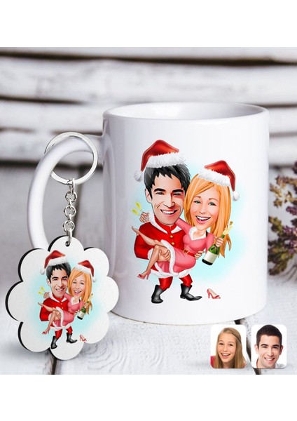 Kişiye Özel Yeni Yıl Sevgililer Karikatürlü Beyaz Kupa ve Anahtarlık Hediye Seti-2