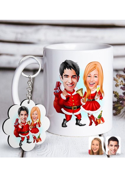 Kişiye Özel Yeni Yıl Sevgililer Karikatürlü Beyaz Kupa ve Anahtarlık Hediye Seti-3