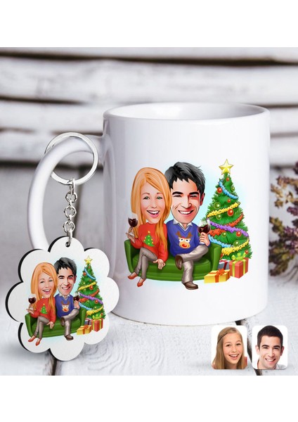 Kişiye Özel Yeni Yıl Sevgililer Karikatürlü Beyaz Kupa ve Anahtarlık Hediye Seti-4