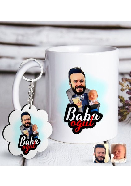 Kişiye Özel Baba Oğul Karikatürlü Beyaz Kupa ve Anahtarlık Hediye Seti-4