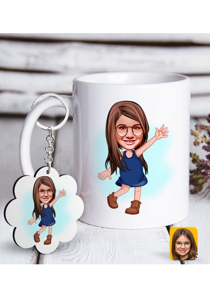 Kişiye Özel Kız Çocuk Karikatürlü Beyaz Kupa ve Anahtarlık Hediye Seti-4