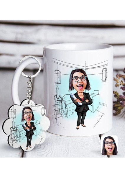 Kişiye Özel Bayan Iç Mimar Karikatürlü Beyaz Kupa ve Anahtarlık Hediye Seti-1