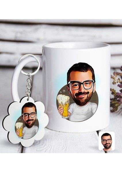 Kişiye Özel Erkek Şerefe Karikatürlü Beyaz Kupa ve Anahtarlık Hediye Seti