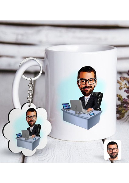 Kişiye Özel Erkek Genel Müdür Karikatürlü Beyaz Kupa ve Anahtarlık Hediye Seti-1