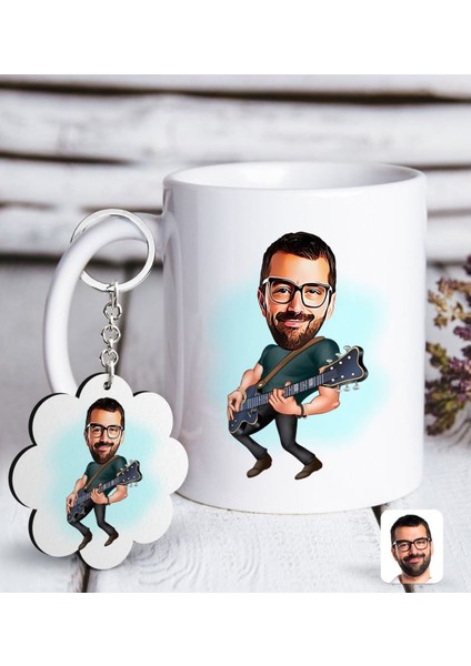 Kişiye Özel Erkek Gitarist Karikatürlü Beyaz Kupa ve Anahtarlık Hediye Seti-1