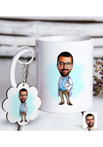 Kişiye Özel Erkek Doktor Karikatürlü Beyaz Kupa ve Anahtarlık Hediye Seti-8