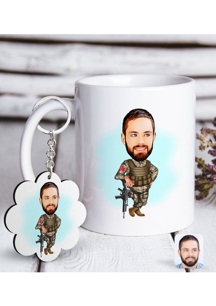 Kişiye Özel Asker Karikatürlü Beyaz Kupa ve Anahtarlık Hediye Seti-2