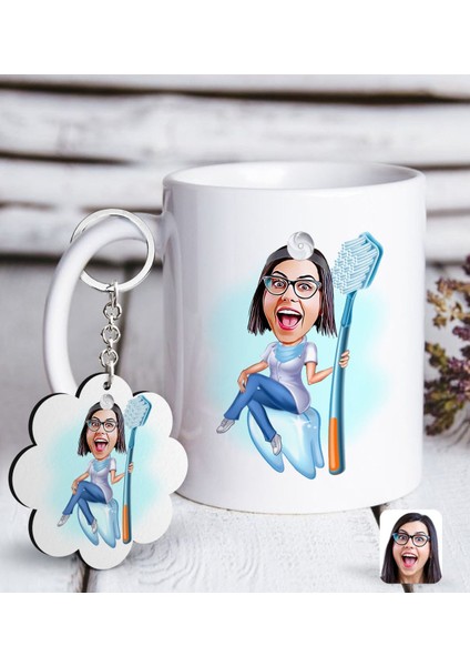 Kişiye Özel Bayan Diş Hekimi Karikatürlü Beyaz Kupa ve Anahtarlık Hediye Seti-2