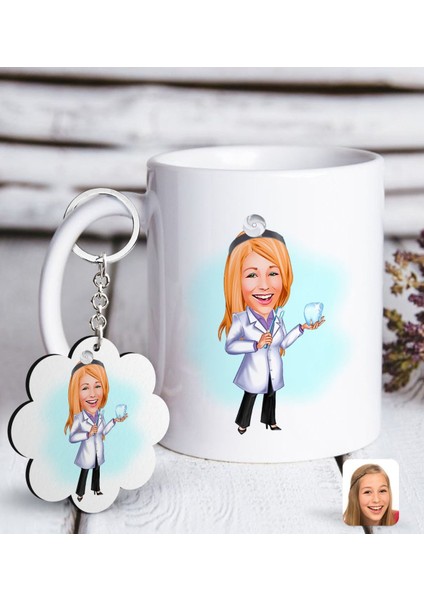 Kişiye Özel Bayan Diş Hekimi Karikatürlü Beyaz Kupa ve Anahtarlık Hediye Seti-1