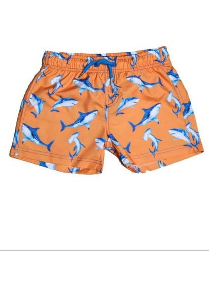 Köpek Balığı Desenli Hemen Kuruyan Turuncu Erkek Çocuk Bebek Şort Mayo , Çocuk Deniz Şortu