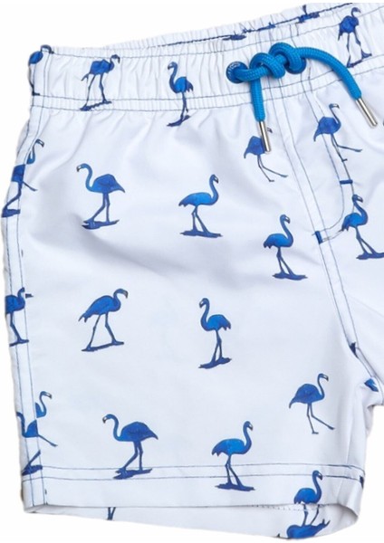 Mavi Flamingo Desenli Hemen Kuruyan Erkek Çocuk Bebek Şort Mayo , Çocuk Deniz Şortu