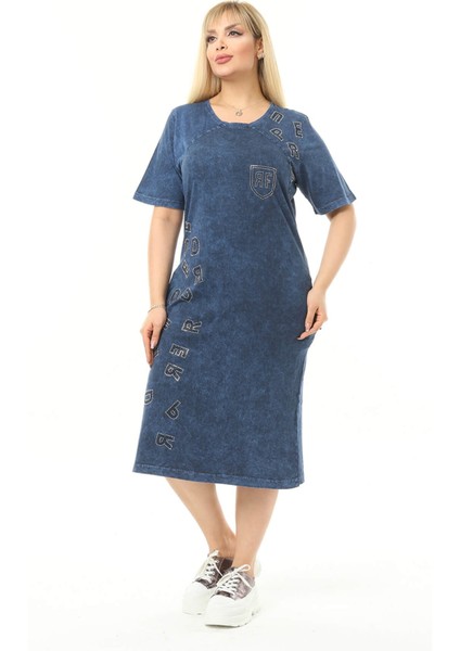Büyük Beden Lacivert Küçük Taşlarla Detaylı Elbise