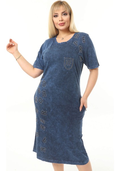 Büyük Beden Lacivert Küçük Taşlarla Detaylı Elbise modelleri