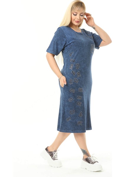 Büyük Beden Lacivert Küçük Taşlarla Detaylı Elbise indirimleri