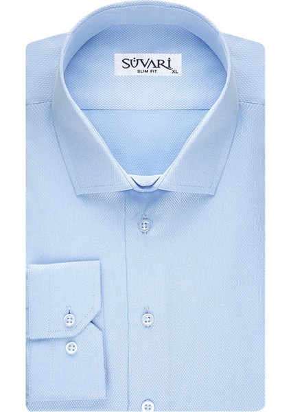 GM2024700273 Klasik Yaka Slim Fit Armürlü Mavi Erkek Gömlek