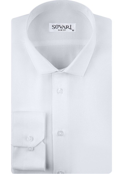 GM2024700283 Klasik Yaka Slim Fit Armürlü Beyaz Erkek Gömlek
