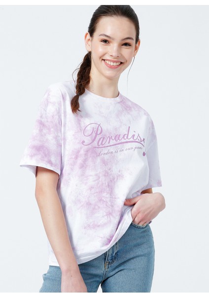 222 LCF 242002 Bisiklet Yaka Normal Kalıp Batik Desenli Lila Kadın T-Shirt