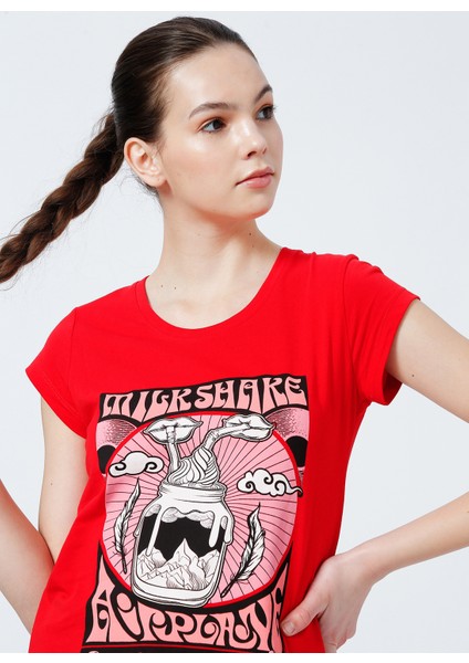 222 LCF 242024 Bisiklet Yaka Oversized Baskılı Kırmızı Kadın T-Shirt