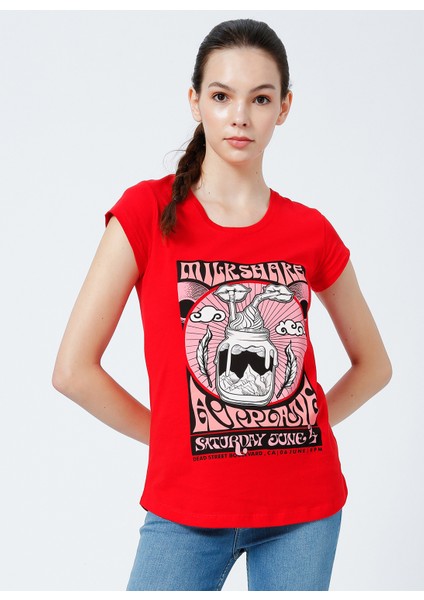 222 LCF 242024 Bisiklet Yaka Oversized Baskılı Kırmızı Kadın T-Shirt modelleri