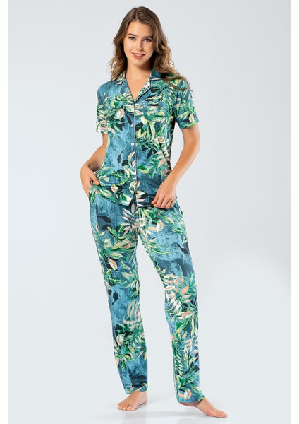 3355 Kadın Kısa Kollu Gömlek Yaka Pijama Takım-Petrol