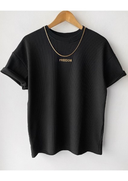 Erkek Siyah Fitilli Oversize %100 Pamuk Kadife Kumaş Yazlık Kısa Kollu T-Shirt