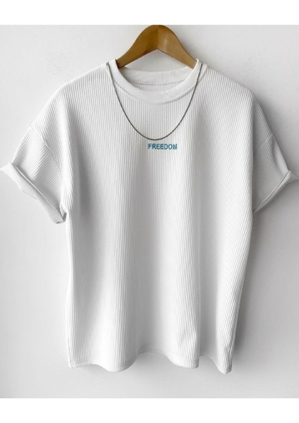 Erkek Beyaz Fitilli Oversize %100 Pamuk Kadife Kumaş Yazlık Kısa Kollu T-Shirt
