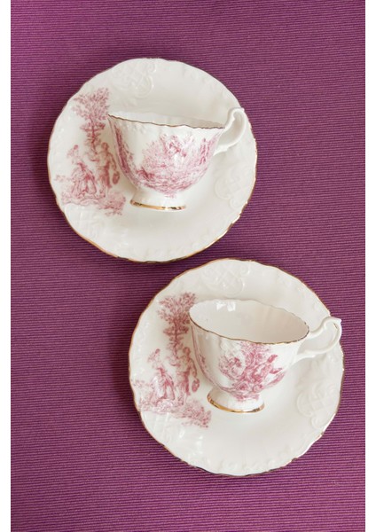 Altın Yaldızlı Ingiliz Desen Bone 2 Kişilik Kahve Fincan Takımı-Gül Kurusu