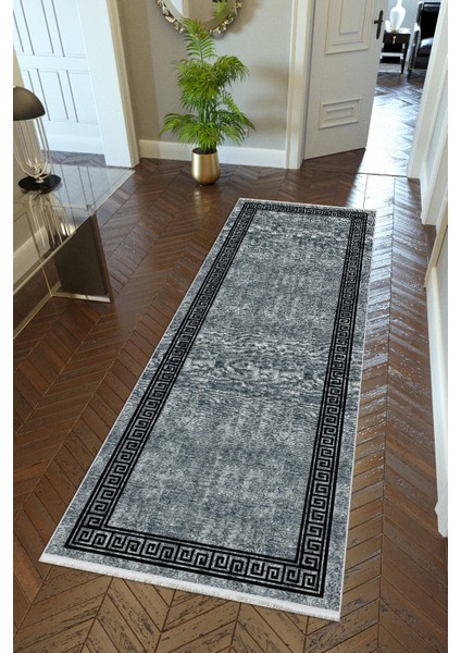 Yolluk Klasik Gri Siyah Kaymaz Kesme Yıkanabilir Ince Dijital Baskı Koridor Halısı
