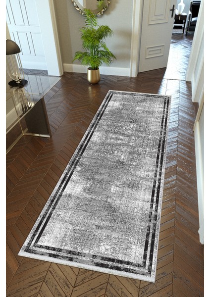 Yolluk Klasik Gri Siyah Kaymaz Kesme Yıkanabilir Ince Dijital Baskı Koridor Halısı