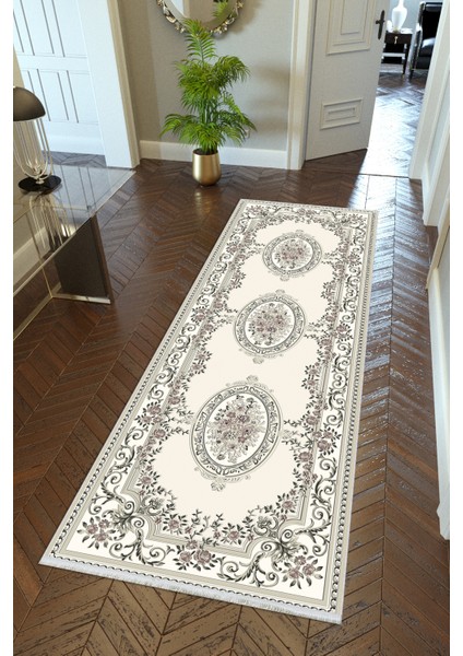 Yolluk Kilim Motifli Gri Kaymaz Kesme Yıkanabilir Ince Dijital Baskı Koridor Halısı