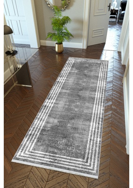 Yolluk Doku Gri Beyaz Kaymaz Kesme Yıkanabilir Ince Dijital Baskı Koridor Halısı