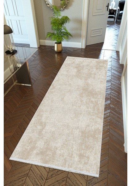 Yolluk Doku Bej Krem Kaymaz Kesme Yıkanabilir Ince Dijital Baskı Koridor Halısı