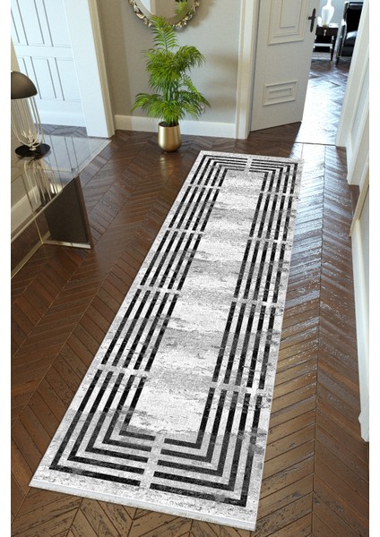 Yolluk Doku Gri Siyah Kaymaz Kesme Yıkanabilir Ince Dijital Baskı Koridor Halısı