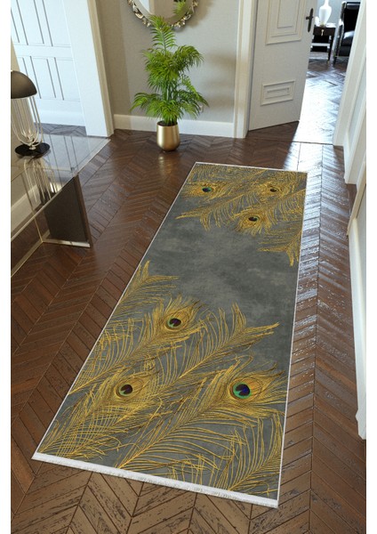 Yolluk Tavus Kuşu Tüyü Gri Kaymaz Kesme Yıkanabilir Ince Dijital Baskı Koridor Halısı